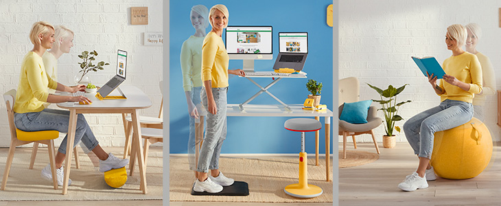 Dreigeteilte Bildcollage in den Farben blau und gelb gehalten: Ganz links sitzt eine Frau an einem Homeofficeplatz, ein Fuß steht auf einer Fußstütze von Leitz Ergo Cosy. Auf dem mittleren Bild steht die gleiche Frau an einem höhenverstellbaren Aufsatz für den Schreibtisch und ganz rechts sitzt sie auf einem Sitzball von Leitz Ergo Cosy.