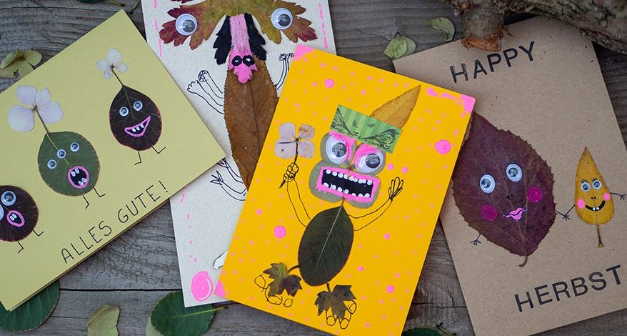 Lustige DIY Monster-Grußkarten aus bunten Herbstblättern gestalten. Mehr bei Giesen-Handick und Schroeder Papeterie in Neukirchen-Vluyn und Moers und im Onlineshop.