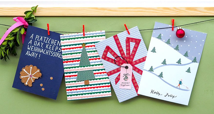 Unsere selbstgebastelten Last-Minute-Weihnachtskarten sind im Nu fertig. Bei Ortloff in Köln und im Onlineshop finden Sie alles für Ihre Umsetzung.