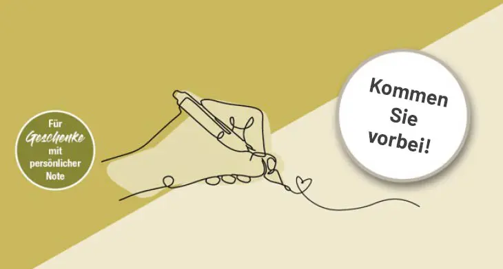 Eine Illustration einer Hand, die mit einem Füller ein Herz zeichnet sowie zwei Buttons, in denen "Kommen Sie vorbei" und "Für Geschenke mit persönlicher Note" steht.